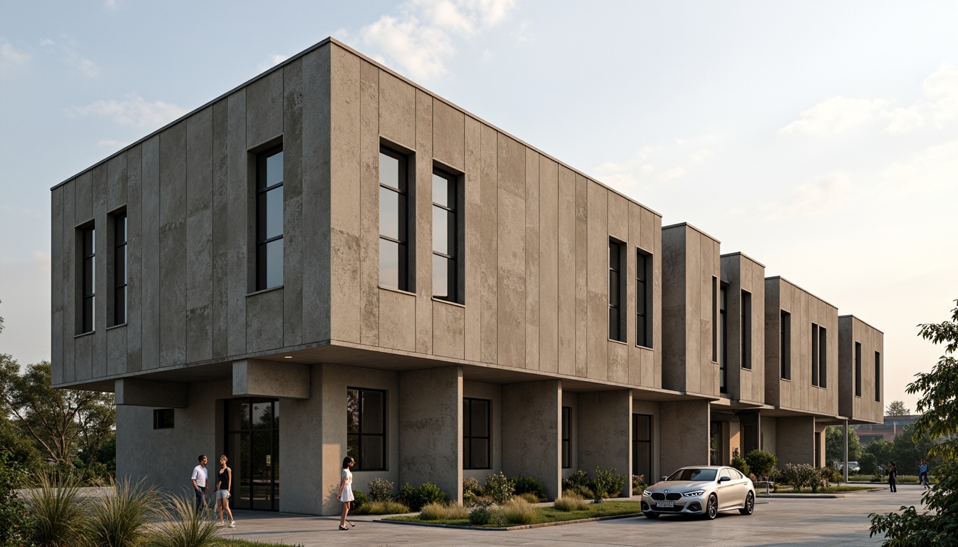 Prompt: Industrial building, fiber-cement facade, rugged texture, earthy tone, modern architecture, angular lines, minimalist design, sustainable materials, eco-friendly construction, reinforced concrete structures, steel frames, large windows, natural light, soft shadows, shallow depth of field, 1/2 composition, realistic textures, ambient occlusion.