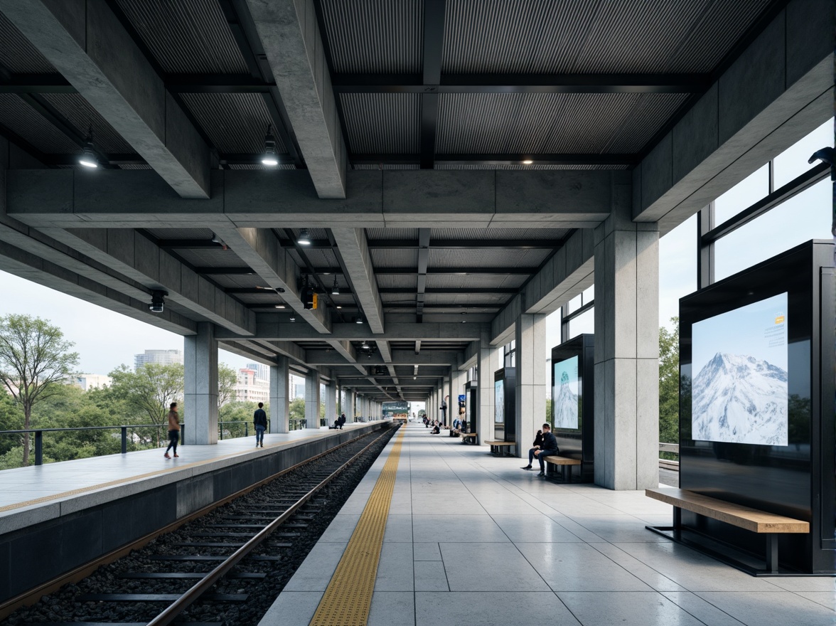 Prompt: Underground metro station, modern architecture, sleek lines, industrial materials, exposed concrete walls, metallic beams, glass roofs, LED lighting systems, polished stone floors, minimalist benches, futuristic digital displays, urban landscape views, morning rush hour, soft natural light, shallow depth of field, 3/4 composition, realistic textures, ambient occlusion.