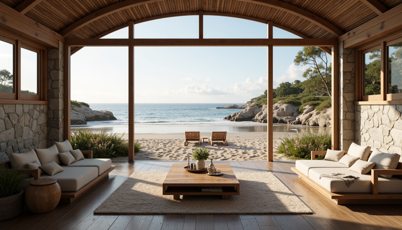 Prompt: Seaside resort, ocean views, sandy beaches, driftwood accents, weathered stone walls, curved lines, natural ventilation, large windows, sliding glass doors, beachy color palette, soft warm lighting, misty morning atmosphere, shallow depth of field, 2/3 composition, panoramic view, realistic textures, ambient occlusion.