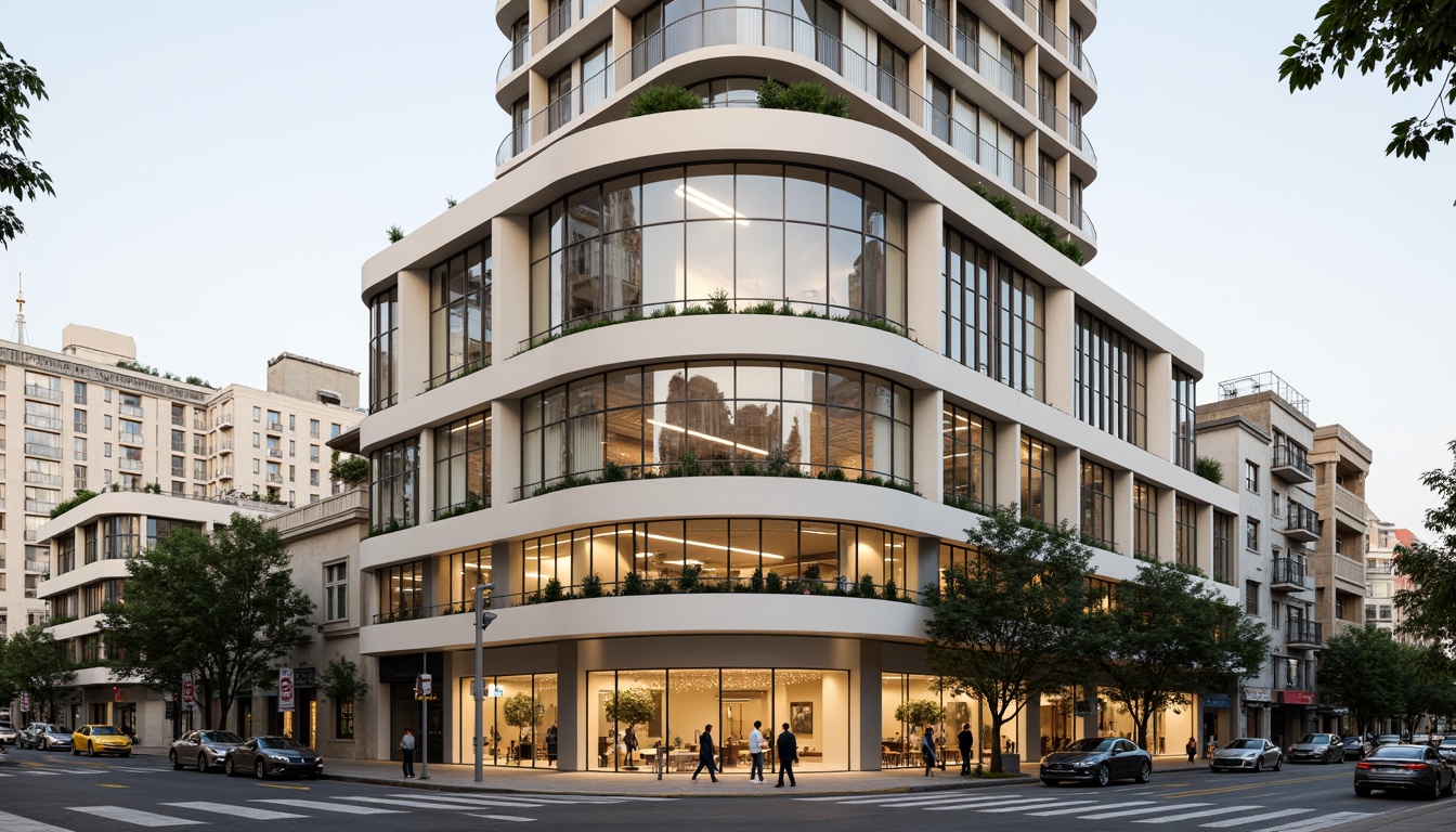 Prompt: Curved building facade, Art Deco inspirations, metallic materials, polished chrome accents, geometric patterns, horizontal lines, rounded edges, minimalist ornamentation, cream-colored walls, large windows, sliding glass doors, urban cityscape, busy streets, morning sunlight, soft warm lighting, shallow depth of field, 2/3 composition, symmetrical balance, realistic reflections, ambient occlusion.