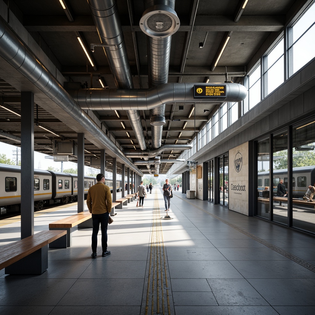 Prompt: Functional Bauhaus train station interior, geometric shapes, industrial materials, exposed ductwork, minimal ornamentation, functional lighting, wooden benches, steel columns, minimalist signage, open floor plan, efficient circulation paths, natural light pouring in, high ceilings, urban modern feel, 1/1 composition, shallow depth of field, realistic textures, ambient occlusion.