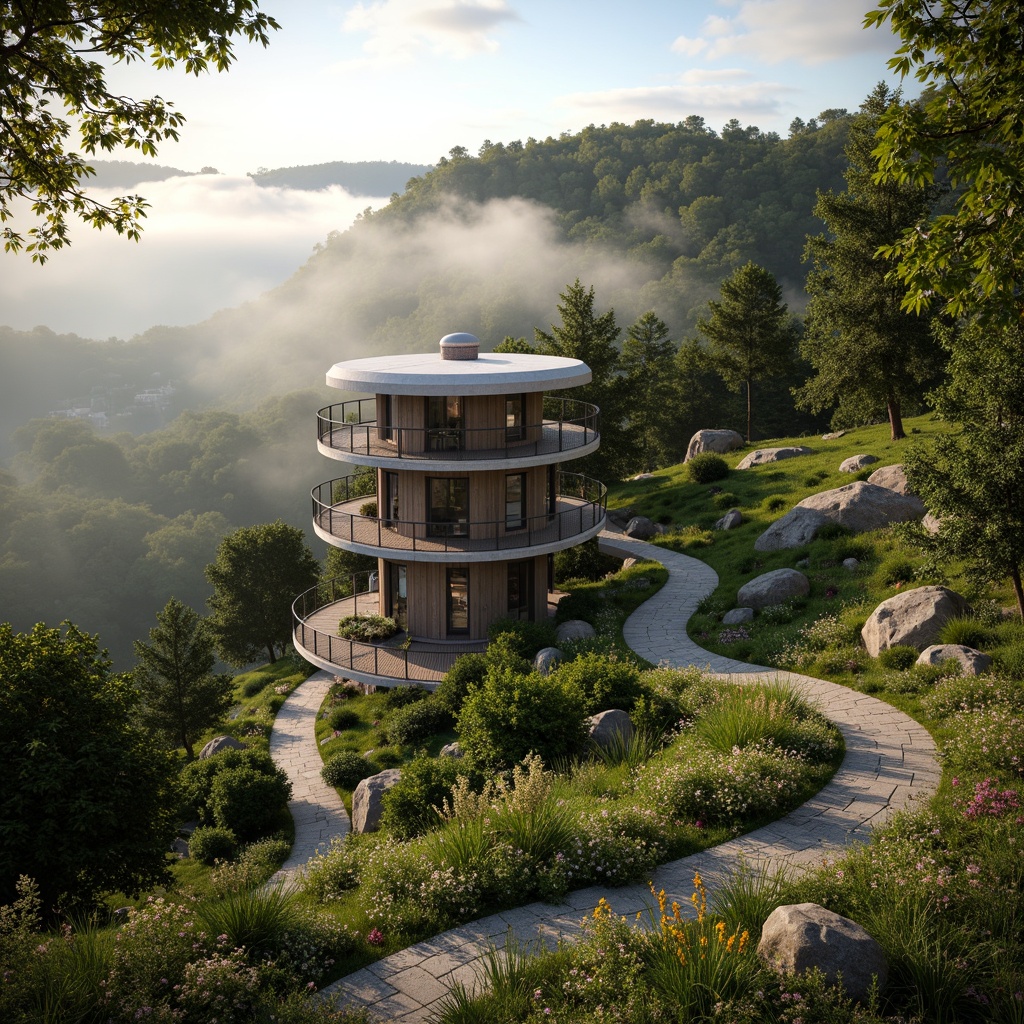 Prompt: Secluded watching tower, harmonious landscape integration, lush greenery surroundings, winding stone pathways, rustic wooden decks, panoramic views, binoculars installation, nature-inspired architectural design, earthy tone colors, natural materials blending, curved lines merging with terrain, soft warm lighting, ambient occlusion, realistic textures, 3/4 composition, atmospheric perspective, serene atmosphere, misty morning light, wildflower meadow, forest backdrop, gentle breeze sounds.