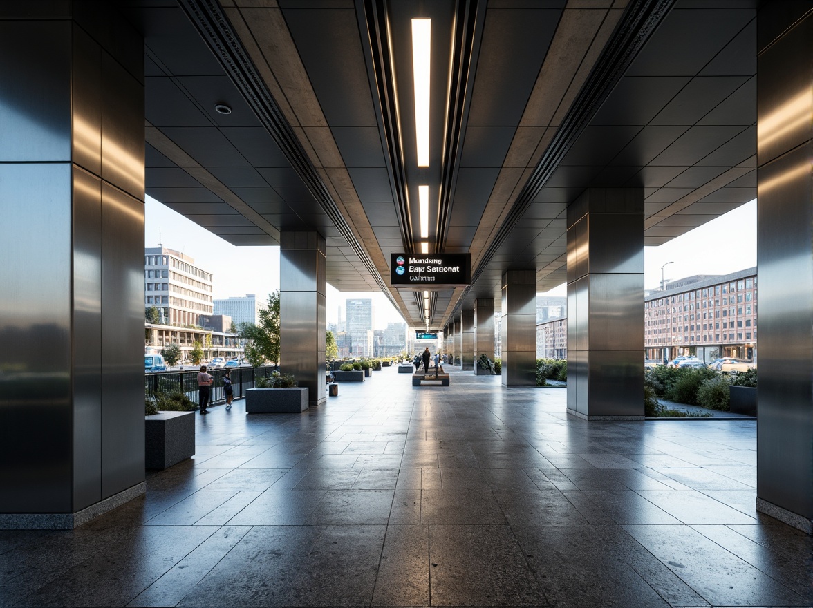 Prompt: Modern metro station architecture, sleek stainless steel columns, polished granite floors, futuristic LED lighting, energy-efficient systems, sustainable materials, recycled glass tiles, durable concrete walls, high-strength steel beams, minimalist design, open-space layout, natural ventilation systems, abundant daylight, warm ambient lighting, shallow depth of field, 3/4 composition, panoramic view, realistic textures, ambient occlusion.