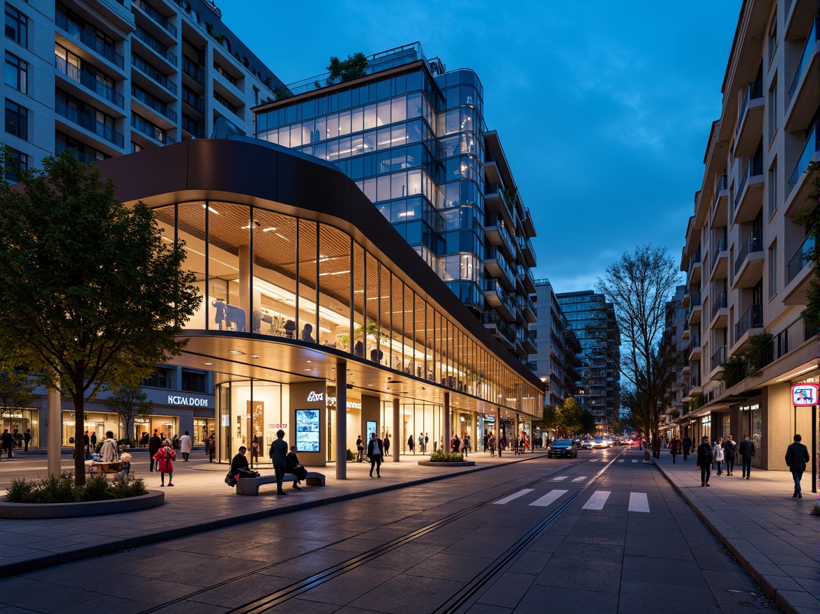 Prompt: Modern tram station, curved futuristic facade, dynamic LED light displays, sleek metal cladding, angular glass panels, cantilevered roofs, urban landscape, bustling city streets, pedestrian traffic, vibrant night scene, soft warm lighting, shallow depth of field, 3/4 composition, panoramic view, realistic textures, ambient occlusion, contemporary signage, minimalist benches, green roofs, eco-friendly materials, sustainable energy solutions, futuristic transportation hub, busy commuters, real-time information displays.