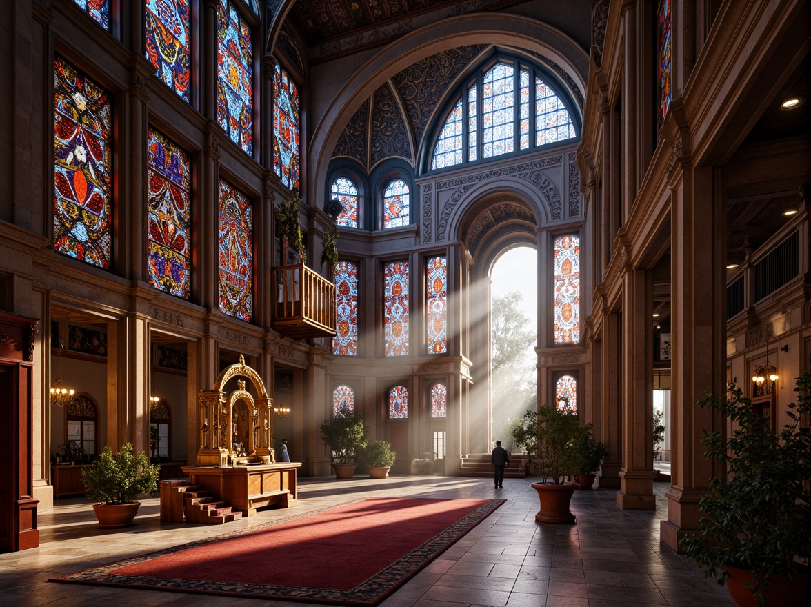 Prompt: Vibrant stained glass windows, majestic cathedrals, intricate Islamic geometries, serene Buddhist temples, dramatic lighting effects, richly colored tapestries, ornate gold accents, sacred symbolic motifs, atmospheric fogging, high-contrast shadows, warm golden hour lighting, 1-point perspective, symmetrical composition, realistic textures, ambient occlusion, mystical ambiance, divine presence.