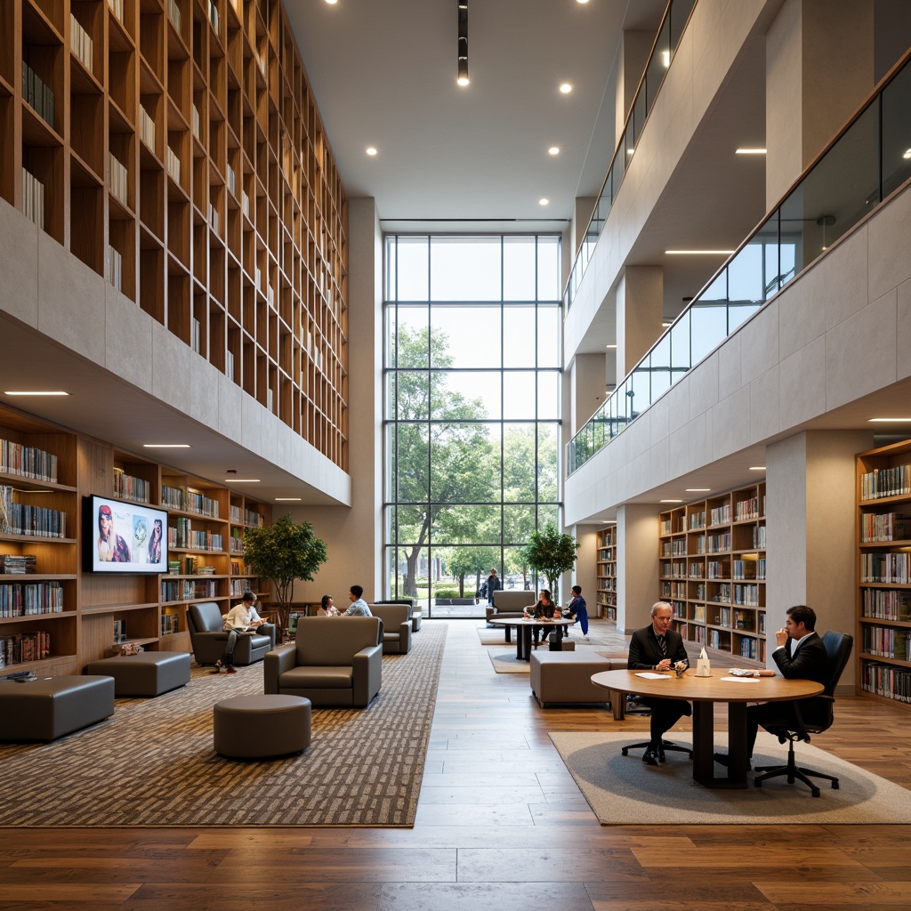 Prompt: Modern library interior, open floor plan, natural light pouring in, minimalist shelving, sleek wooden floors, comfortable reading nooks, ergonomic study desks, plush chairs, built-in book displays, interactive digital screens, collaborative workspaces, quiet zones, sound-absorbing materials, geometric patterned carpets, warm color scheme, recessed lighting, 3/4 composition, shallow depth of field, realistic textures.