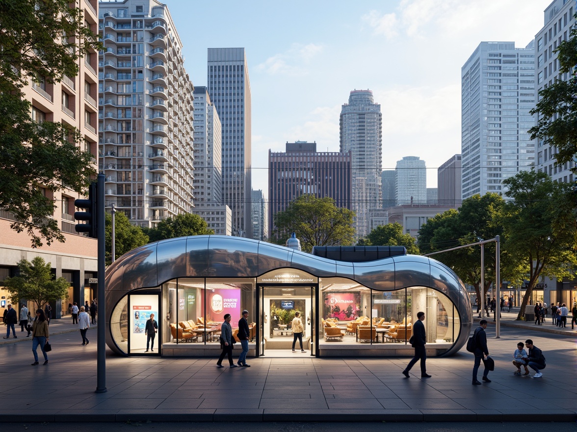 Prompt: Futuristic tram stations, curved blob-like structures, metallic silver surfaces, neon-lit advertisements, urban cityscape, busy streets, pedestrian traffic, modern skyscrapers, green roofs, eco-friendly design, natural ventilation systems, LED light installations, dynamic shapes, asymmetrical architecture, transparent glass walls, sleek minimalist interiors, comfortable seating areas, advanced transportation systems, real-time passenger information displays, sunny day, soft warm lighting, shallow depth of field, 3/4 composition, panoramic view.