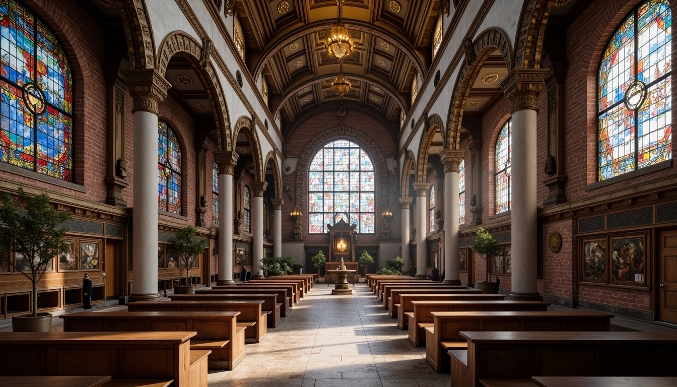 Prompt: Intricate stone carvings, ornate wooden furnishings, stained glass windows, vibrant tapestries, gilded accents, rustic brick walls, polished marble floors, sacred symbols, mystical patterns, golden domes, grand archways, solemn atmosphere, soft diffused lighting, dramatic shadows, 1/2 composition, low-angle shot, realistic textures, ambient occlusion.