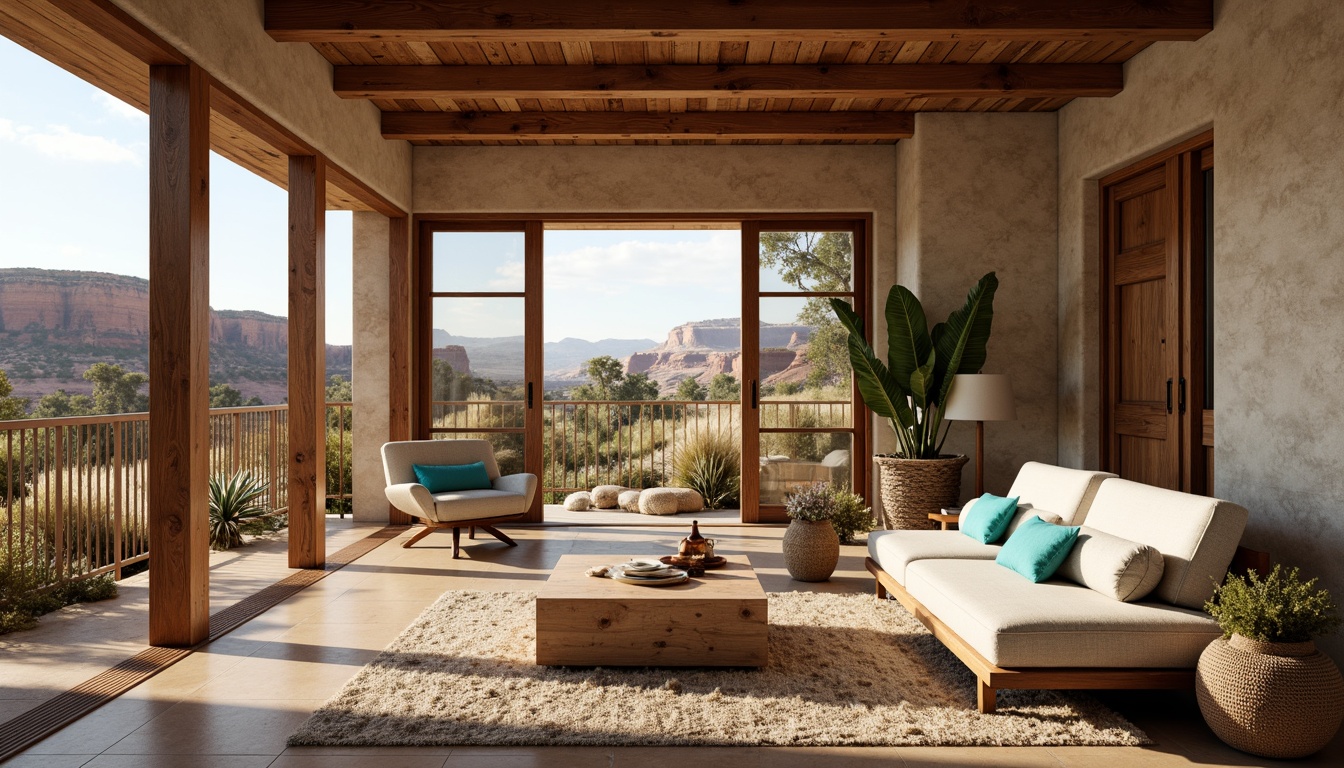 Prompt: Rustic canyon-inspired interior, earthy tone color scheme, natural stone walls, wooden accents, organic textures, modern minimalist furniture, floor-to-ceiling windows, panoramic views of canyon landscape, warm cozy lighting, shallow depth of field, 1/1 composition, realistic rock formations, ambient occlusion, desert botanicals, woven textiles, Southwestern-inspired patterns, vibrant turquoise accents.