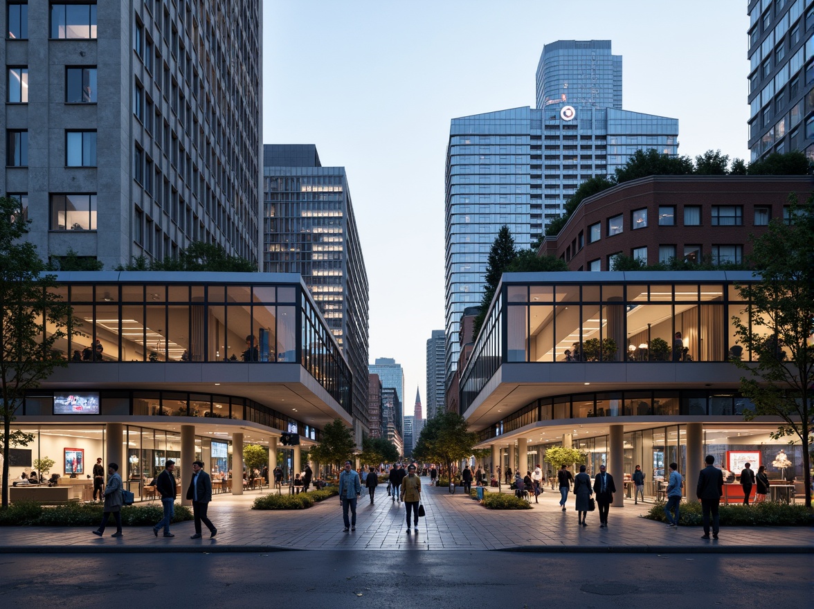 Prompt: Modern tram station, sleek glass fa\u00e7ade, dynamic LED lighting, futuristic curves, cantilevered rooflines, open-air platforms, urban cityscape, bustling streets, morning commute, soft natural light, shallow depth of field, 1/2 composition, symmetrical architecture, metallic materials, geometric patterns, vibrant color accents, minimalist interior design, efficient passenger flow, digital signage, real-time information displays, sustainable energy systems, green roofs, eco-friendly materials.