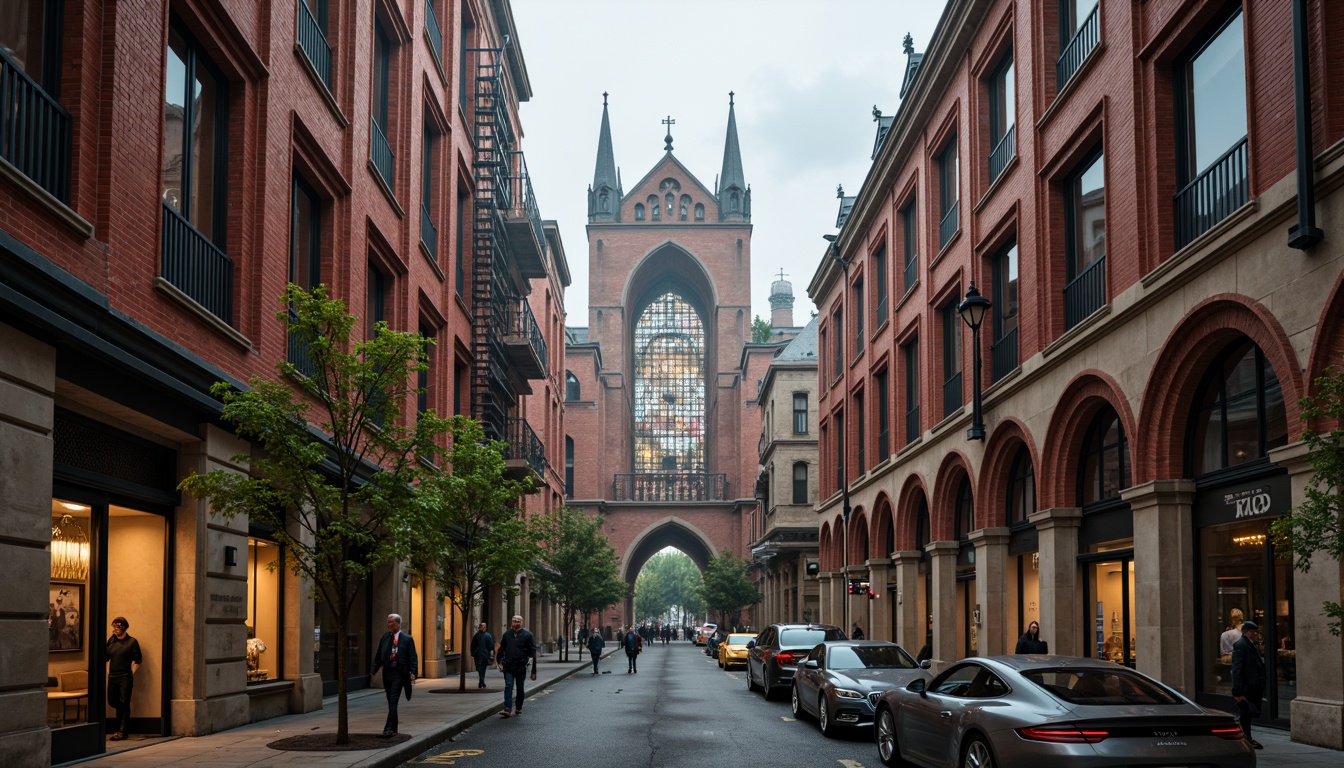 Prompt: Vibrant Gothic Revival buildings, ornate stone carvings, richly colored stained glass windows, intricate gargoyles, dramatic archways, lavish ornamentation, warm earthy tones, bold red brick facades, creamy white marble accents, soft misty lighting, mysterious shadows, atmospheric foggy days, cinematic wide-angle shots, 1/2 composition, symmetrical framing, velvety textures, subtle depth cues.