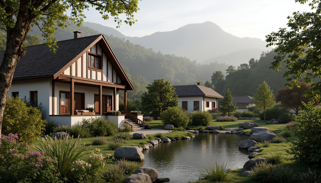 Prompt: Rustic village, earthy tones, natural stonework, wooden accents, pitched roofs, greenery integration, blooming flowers, meandering pathways, serene water features, local materials usage, regional craftsmanship, harmonious landscape blending, rolling hills, misty mornings, soft diffused lighting, 1/1 composition, atmospheric perspective, realistic foliage rendering.