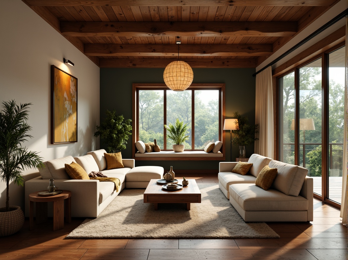 Prompt: Cozy living room, comfortable sectional sofa, soft cushioning, warm wood flooring, elegant pendant lighting, modern minimalist coffee table, vibrant greenery, natural textiles, earthy color palette, inviting window seat, plush area rug, floor-to-ceiling windows, sliding glass doors, subtle gradient wallpaper, ambient softbox lighting, 1/2 composition, shallow depth of field, realistic furniture textures.