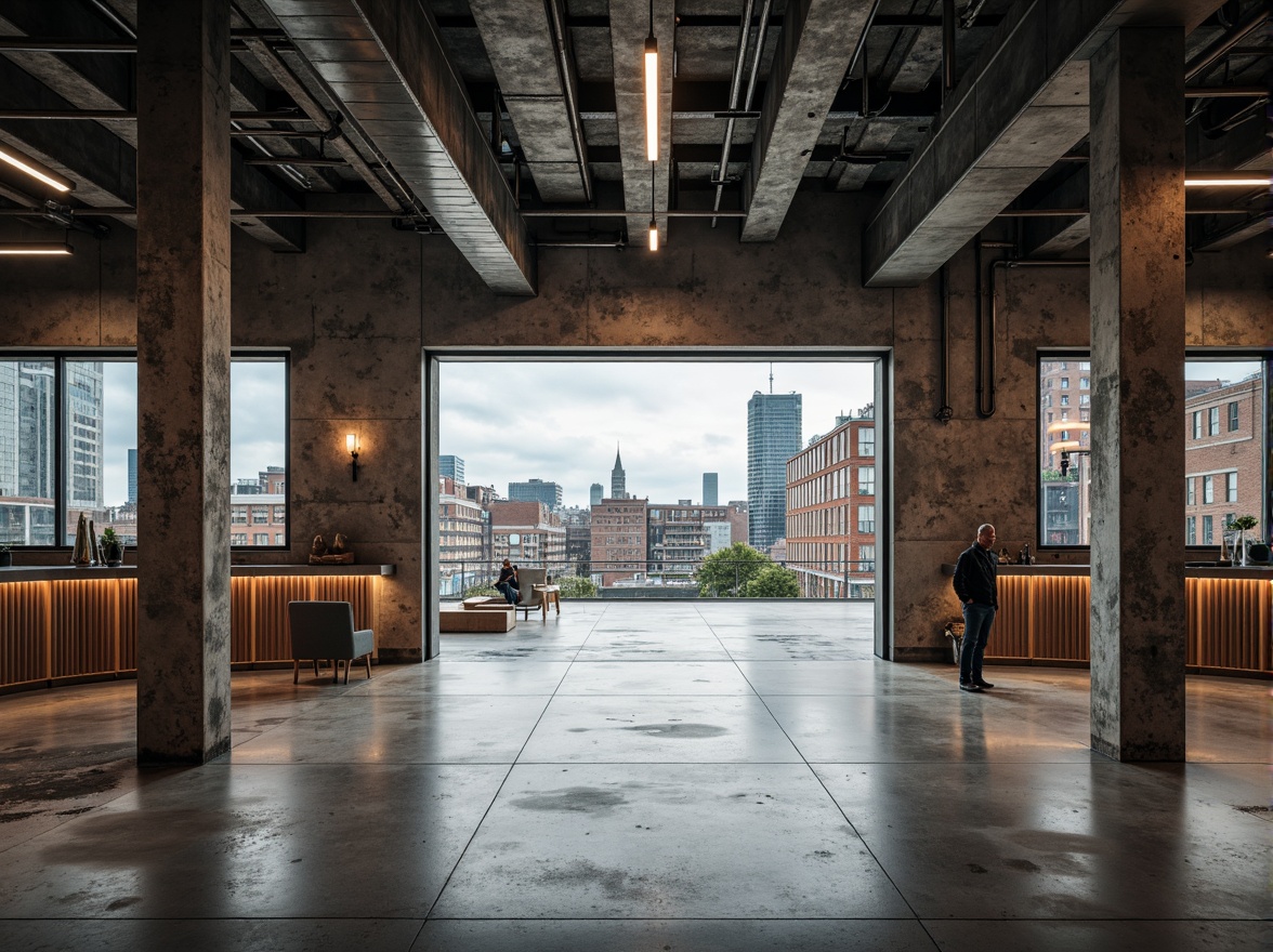 Prompt: Industrial metal frames, exposed ductwork, polished concrete floors, reclaimed wood accents, minimalist decorative elements, brutalist concrete structures, raw steel beams, industrial-style lighting fixtures, distressed brick walls, urban cityscape, overcast sky, dramatic shadows, high-contrast lighting, 1/1 composition, symmetrical framing, bold geometric patterns, monochromatic color scheme, functional simplicity.