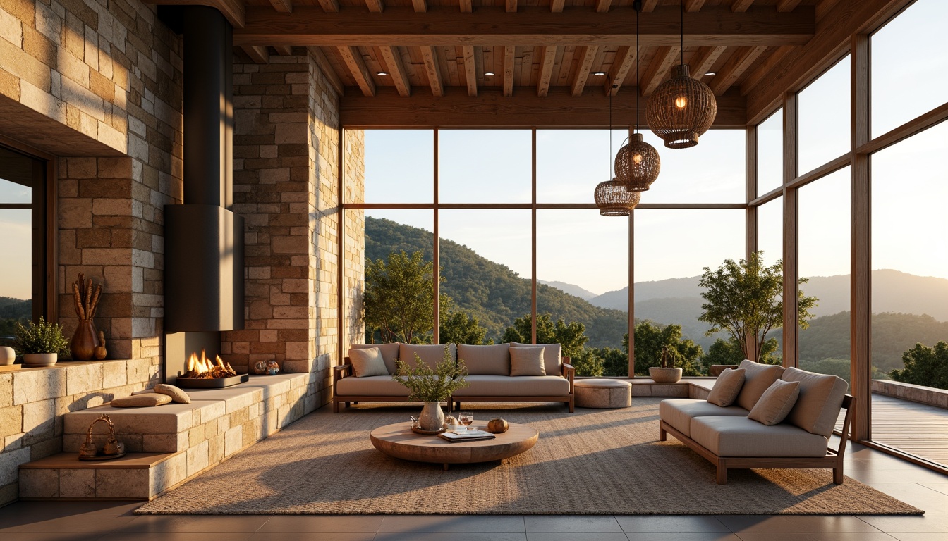 Prompt: Canyon-inspired interior, natural stone walls, wooden accents, earthy color palette, minimalist decor, floor-to-ceiling windows, panoramic views, open-plan living space, modern rustic furniture, cozy fireplaces, woven textiles, rattan lighting fixtures, organic shapes, natural materials, warm ambiance, soft diffused lighting, shallow depth of field, 1/1 composition, realistic textures, ambient occlusion.