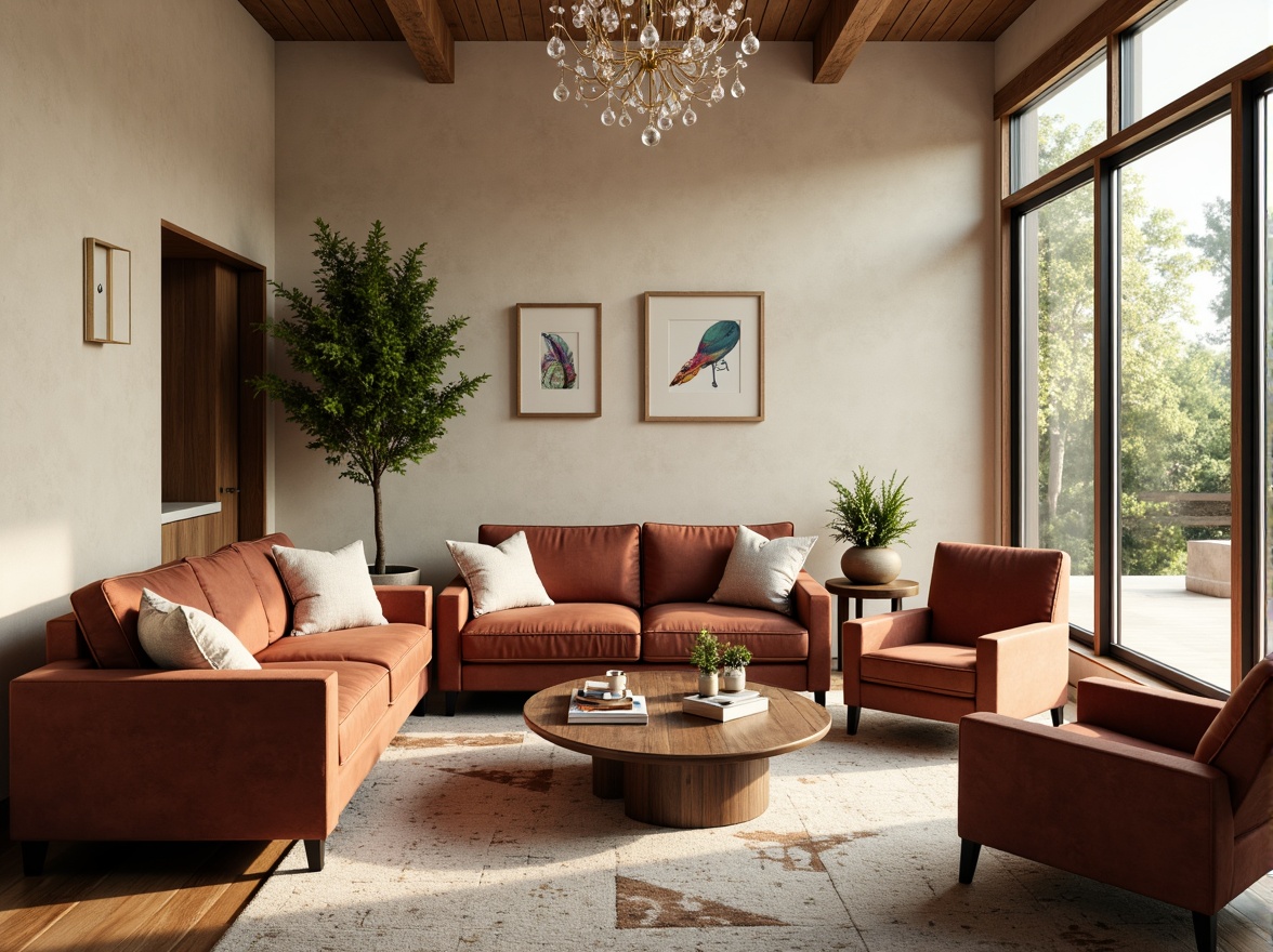 Prompt: Cozy living room, plush velvet sofa, wooden coffee table, floor-to-ceiling windows, natural light pouring in, soft warm beige walls, comfortable accent chairs, geometric patterned rug, modern minimalist decor, elegant crystal chandelier, ambient soft lighting, 1/1 composition, shallow depth of field, realistic textures, warm inviting atmosphere.