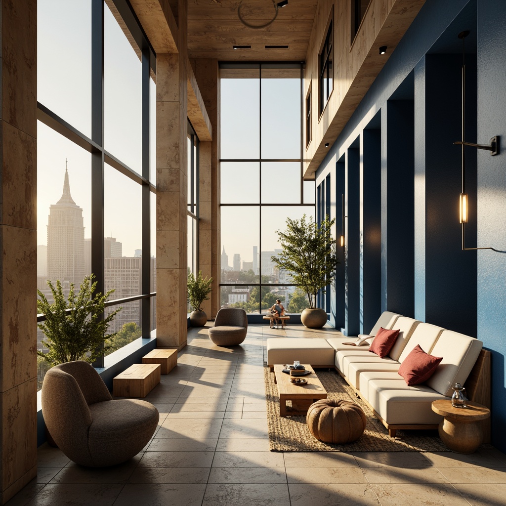 Prompt: Vibrant urban landscape, contemporary architecture, neutral beige walls, deep blue accents, warm golden lighting, rich wood textures, sleek metal fixtures, minimalist design, open floor plans, natural stone flooring, expansive windows, panoramic city views, soft gradient skies, atmospheric perspective, cinematic composition, 1/2 depth of field, realistic material rendering.