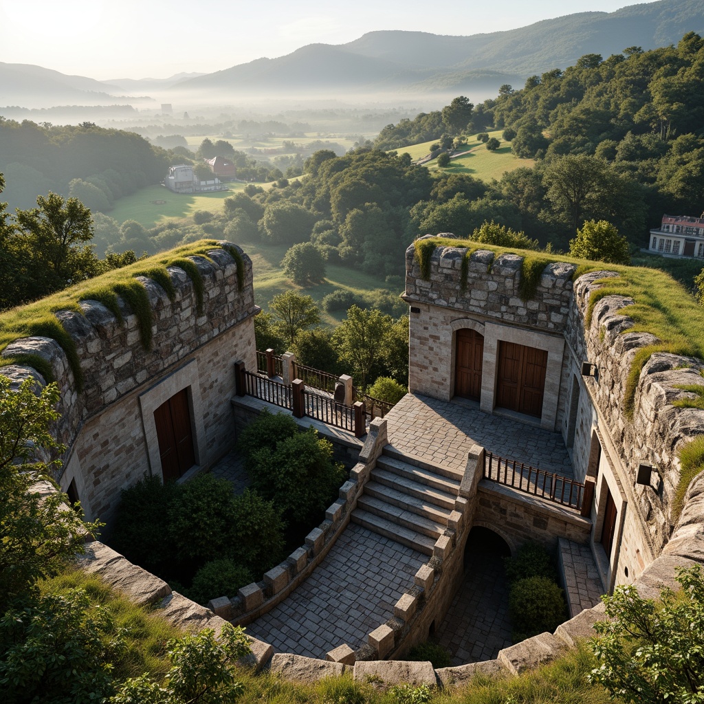 Prompt: Majestic watchtower, rugged stone walls, lush green roofs, winding staircases, panoramic views, rustic wooden doors, ornate metal railings, weathered brick facades, rolling hills, serene countryside, misty mornings, warm sunlight, soft focus, 3/4 composition, symmetrical framing, natural textures, ambient lighting.