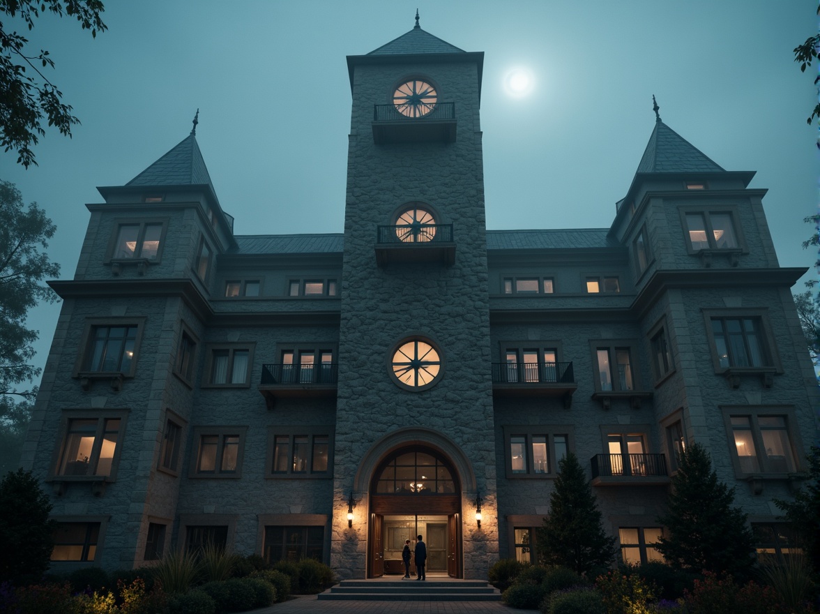 Prompt: Majestic watchtower, medieval fortification, rugged stone walls, Gothic arches, grandiose clock faces, intricate ironwork, mystical lanterns, misty dawn atmosphere, dramatic foggy lighting, cinematic composition, symmetrical architecture, strong vertical lines, weathered stone textures, mysterious ambient sounds, atmospheric fog effects, eerie moonlight, subtle color grading.