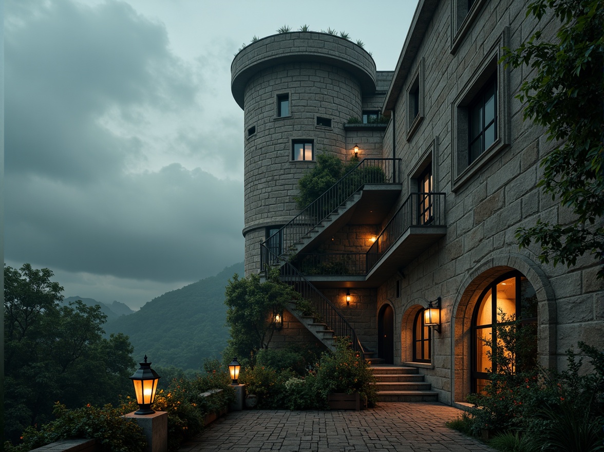 Prompt: Rustic watchtower, medieval architecture, stone walls, ivy climbing, winding staircases, grand archways, ornate ironwork, mystical lanterns, dreamy misty atmosphere, soft warm lighting, dramatic clouds, cinematic composition, 1/1 aspect ratio, vivid colors, rich textures, subtle ambient occlusion.