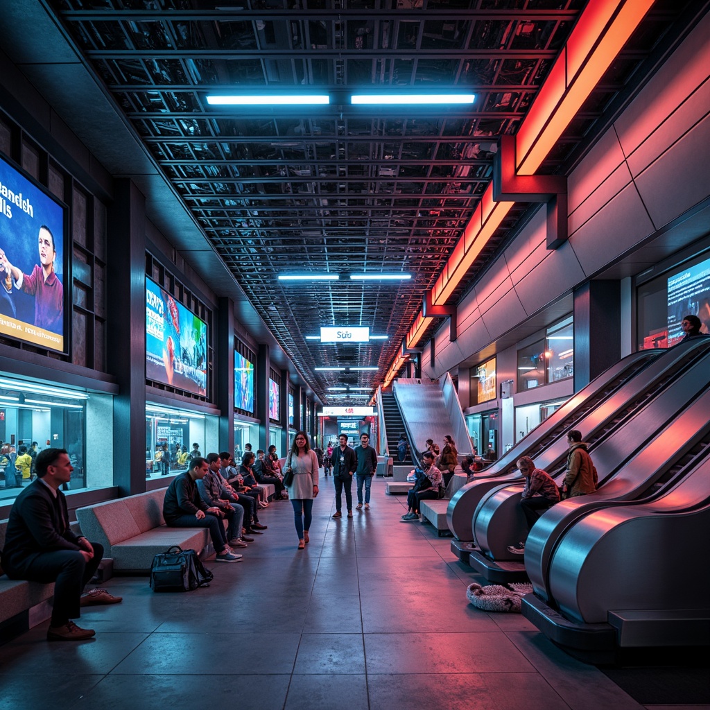 Prompt: Vibrant metro station, futuristic architecture, bold color schemes, neon lights, geometric patterns, urban cityscape, rush hour atmosphere, modern signage, sleek escalators, stainless steel railings, bright LED lighting, dynamic reflections, 1/2 composition, shallow depth of field, warm and cool color contrast, monochromatic accents, textured concrete walls, metallic finishes, intricate tile work, bustling pedestrian traffic, morning commute scene, soft focus blur.