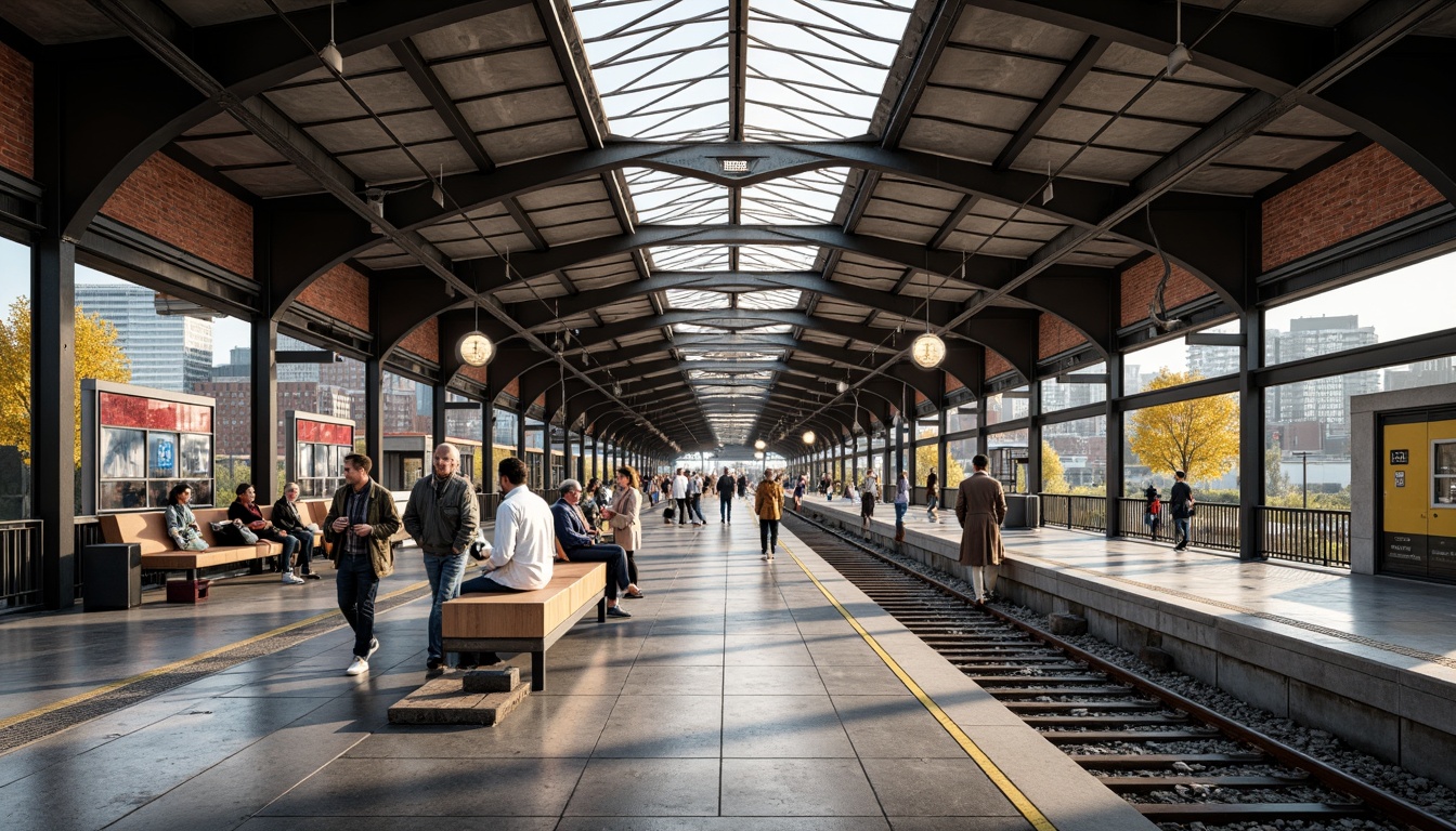 Prompt: Bauhaus-inspired train station, industrial metal frameworks, exposed concrete structures, raw brick textures, minimalist decor, functional design elements, urban cityscape backdrop, busy morning commute, soft natural lighting, shallow depth of field, 1/1 composition, realistic reflections, ambient occlusion, rough stone flooring, polished steel accents, reclaimed wood benches, geometric patterned glass, bold primary color schemes.