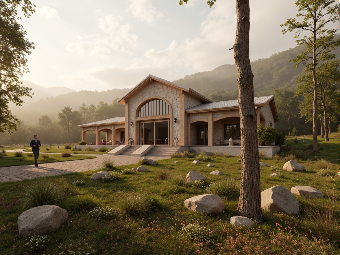 Prompt: Rolling hills, rustic barn, neoclassical architecture, stone fa\u00e7ade, wooden accents, symmetrical composition, grand entrance, ornate details, subtle color palette, natural materials, earthy tones, serene atmosphere, misty morning, soft golden lighting, shallow depth of field, 2/3 composition, realistic textures, ambient occlusion.