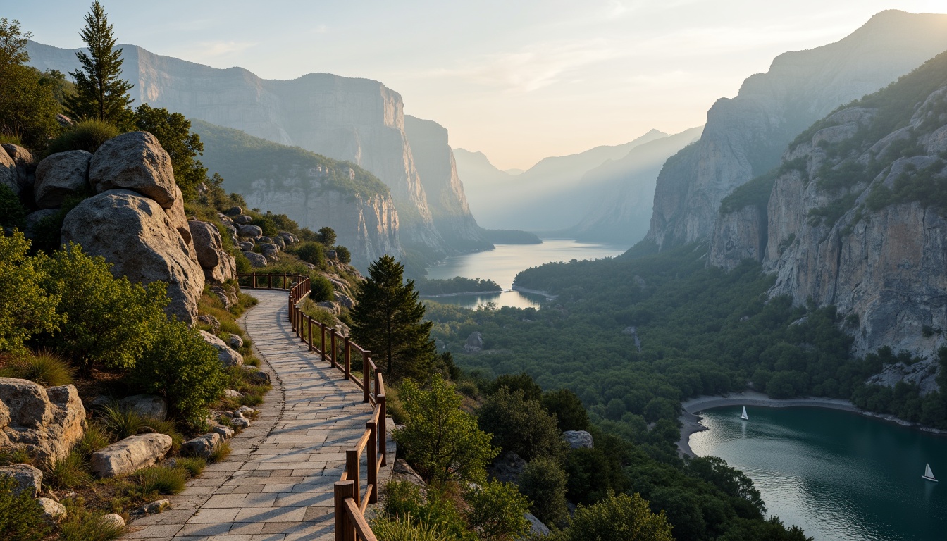 Prompt: Panoramic cliffside views, rugged mountainous terrain, vast open skies, majestic valley vistas, winding scenic roads, dramatic cliff drops, rustic wooden railings, weathered stone pathways, lush green forests, serene lakeside scenery, sailboats drifting, misty morning atmosphere, warm golden lighting, shallow depth of field, 3/4 composition, realistic textures, ambient occlusion.