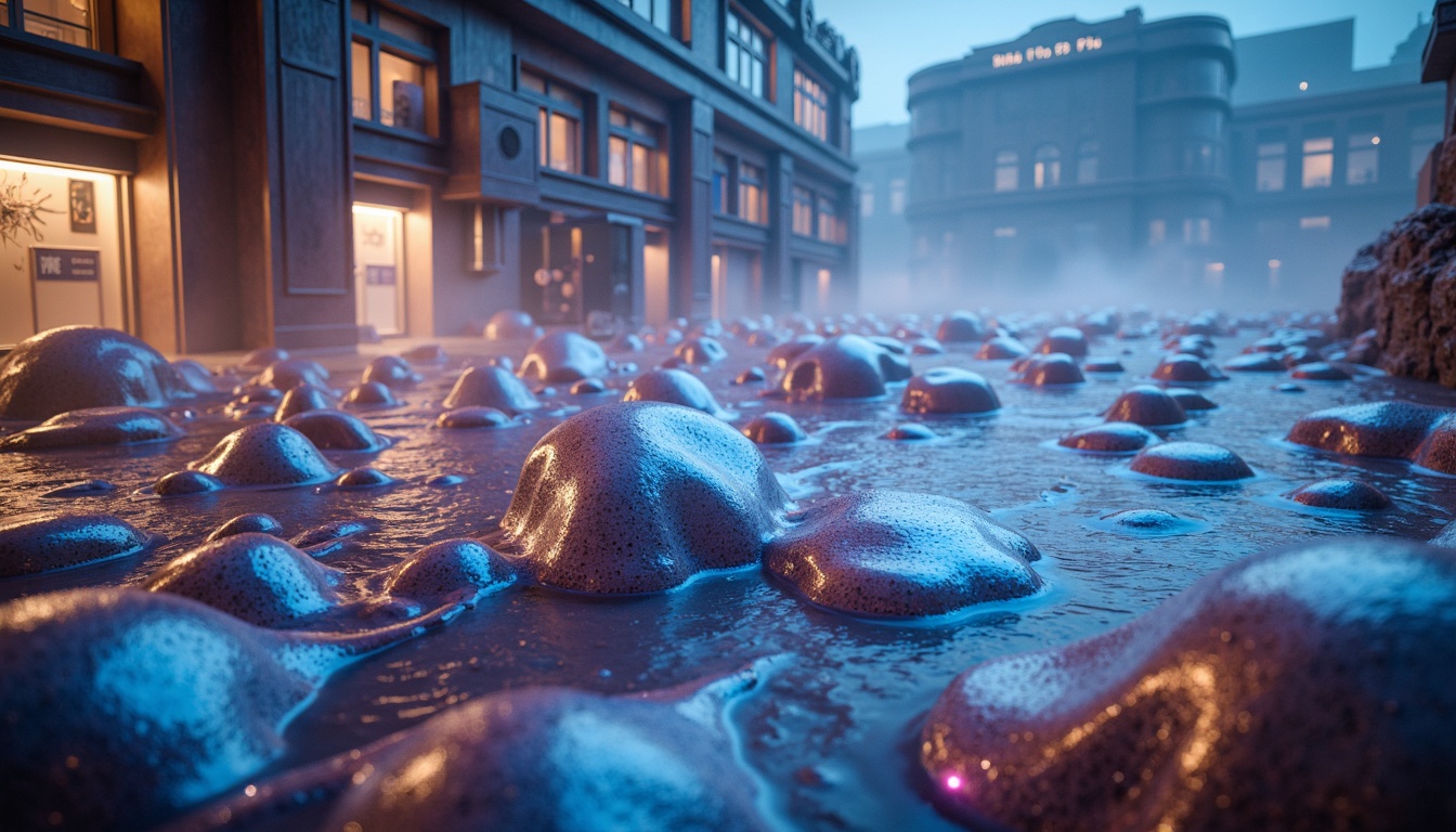 Prompt: Iridescent blob-like structures, translucent membranes, gelatinous textures, soft luminescence, ethereal ambiance, futuristic sci-fi settings, extraterrestrial landscapes, neon-lit cityscapes, reflective metallic surfaces, holographic projections, misty atmospheric effects, eerie soundscapes, avant-garde architectural forms, biomimetic design principles, adaptive materials, self-healing properties, programmable matter, meta-materials, iridescent colors, shimmering lights, 1/1 composition, shallow depth of field, cinematic camera angles.