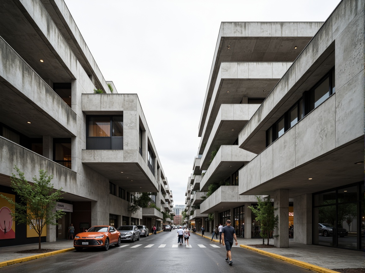 Prompt: Brutalist university buildings, exposed concrete structures, geometric shapes, angular lines, cantilevered roofs, functionalist design, industrial materials, steel beams, reinforced concrete columns, minimalist aesthetics, open floor plans, natural light, clerestory windows, brutalist sculptures, abstract murals, urban campus setting, busy streets, modern cityscape, overcast sky, dramatic lighting, high contrast, 1/1 composition, symmetrical framing, realistic textures, ambient occlusion.