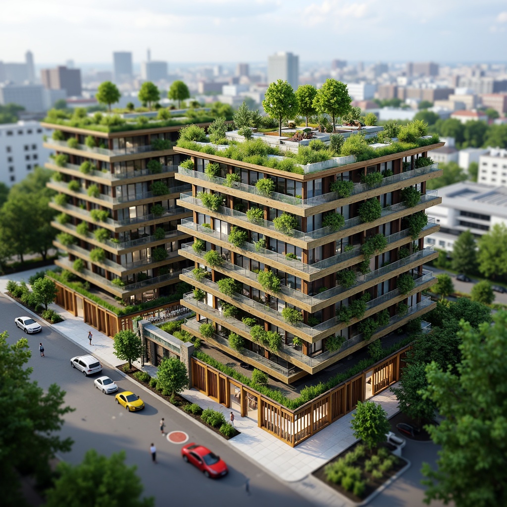 Prompt: Eco-friendly buildings, lush green roofs, vertical gardens, rainwater harvesting systems, solar panels, wind turbines, natural ventilation systems, recycled materials, bamboo facades, large windows, minimal carbon footprint, sustainable urban planning, vibrant cityscape, bustling streets, modern architecture, sleek metal structures, LED lighting, shallow depth of field, 3/4 composition, panoramic view, realistic textures, ambient occlusion.Let me know if this meets your requirements!