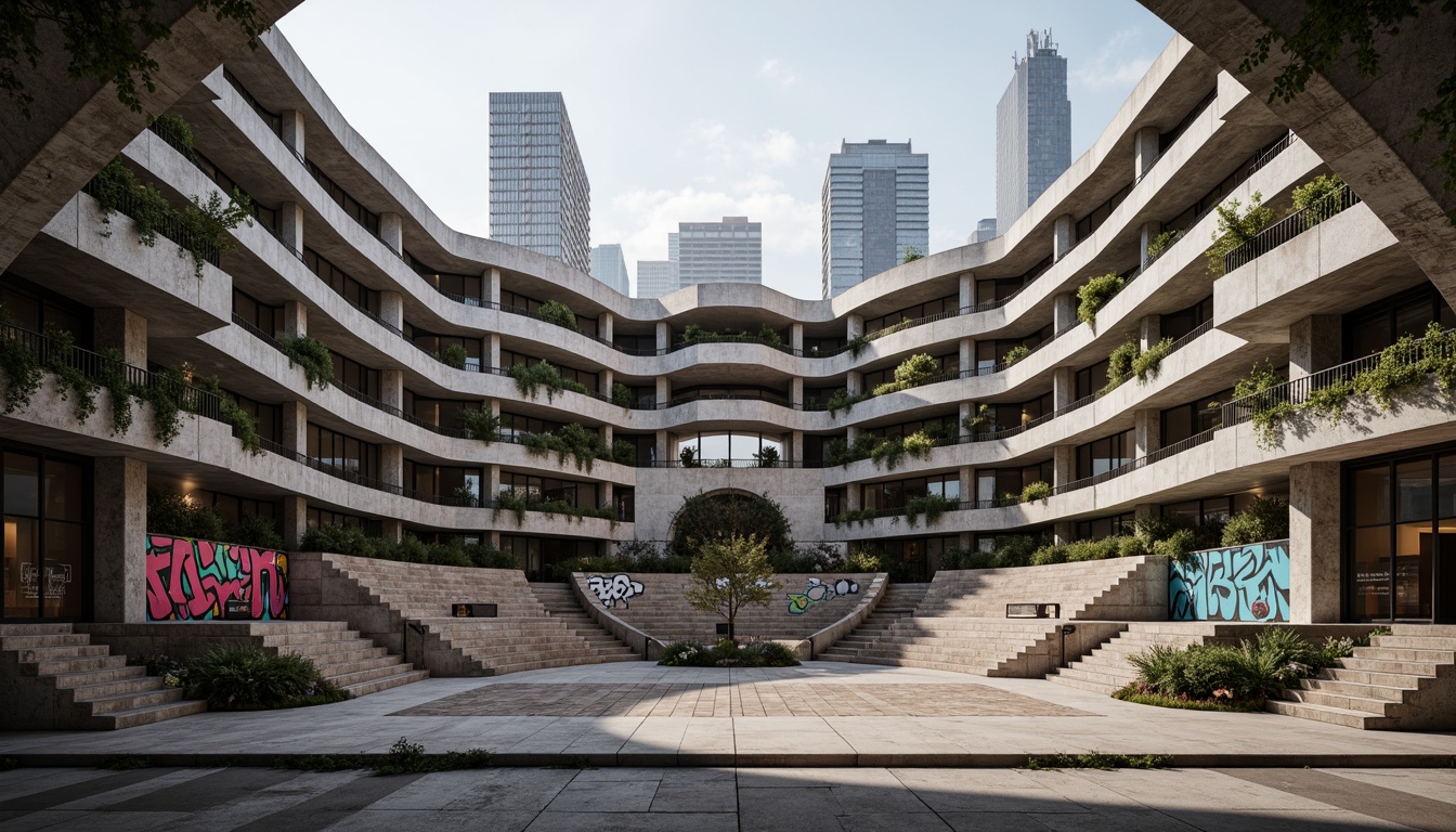 Prompt: Rugged amphitheater architecture, brutalist concrete structures, exposed aggregate textures, monumental staircases, cantilevered balconies, robust columns, raw steel beams, industrial-style lighting, weathered stone walls, geometric patterns, abstract sculptures, vibrant graffiti murals, urban cityscape views, dramatic shadows, high-contrast lighting, 1/2 composition, cinematic framing, gritty realistic textures, ambient occlusion.