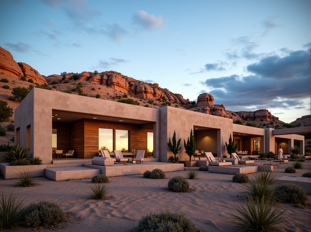 Prompt: Canyon-inspired buildings, organic shapes, earthy tones, natural stone walls, wooden accents, floor-to-ceiling windows, sliding glass doors, panoramic views, soft diffused light, warm ambient glow, layered shading, indirect illumination, solar-powered lighting systems, energy-efficient solutions, desert vegetation, rock formations, sandy terrain, clear blue skies, dramatic cloud formations, golden hour lighting, low-angle sunlight, 1/1 composition, realistic textures, atmospheric perspective.