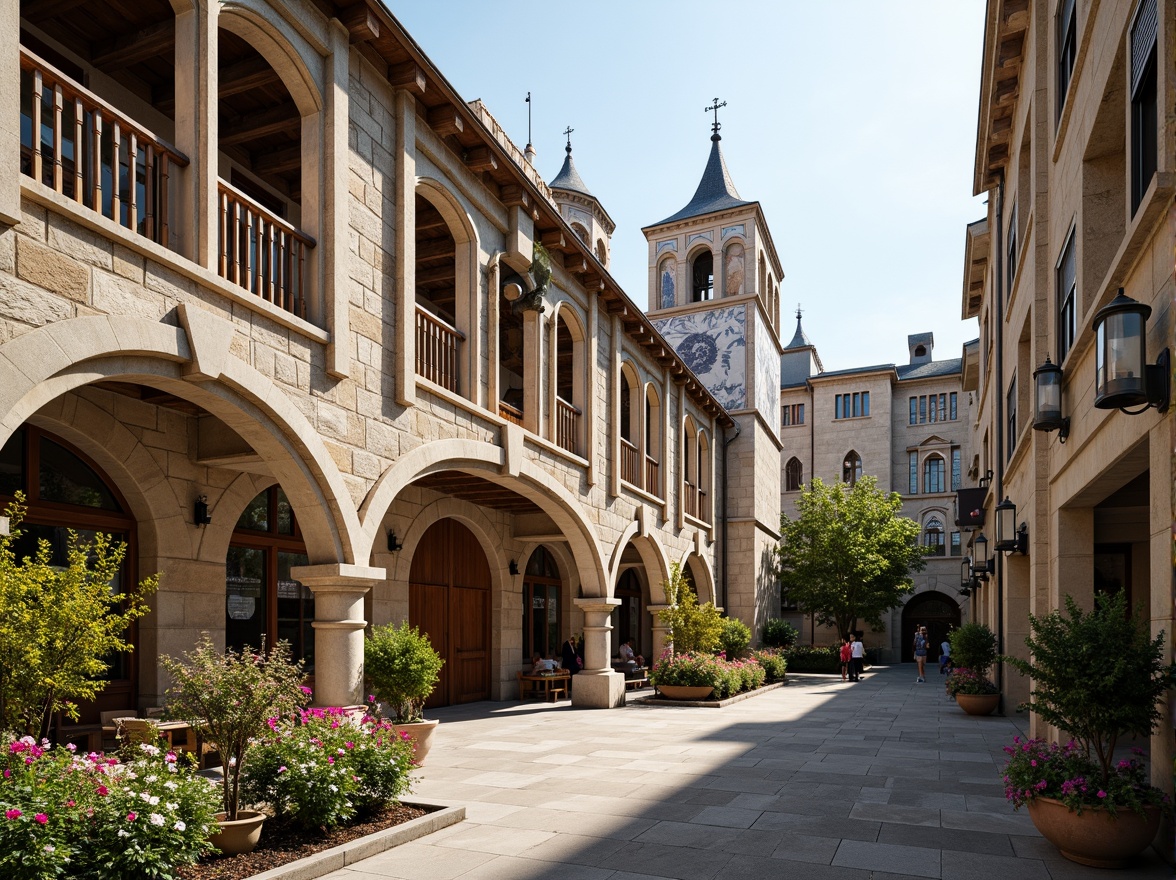 Prompt: Rustic school building, Romanesque arches, ornate carvings, grand entranceways, thick stone walls, stained glass windows, intricate tile patterns, decorative frescoes, majestic bell towers, lush greenery, vibrant flowers, educational signs, natural stone walkways, warm sunny day, soft warm lighting, shallow depth of field, 3/4 composition, panoramic view, realistic textures, ambient occlusion.