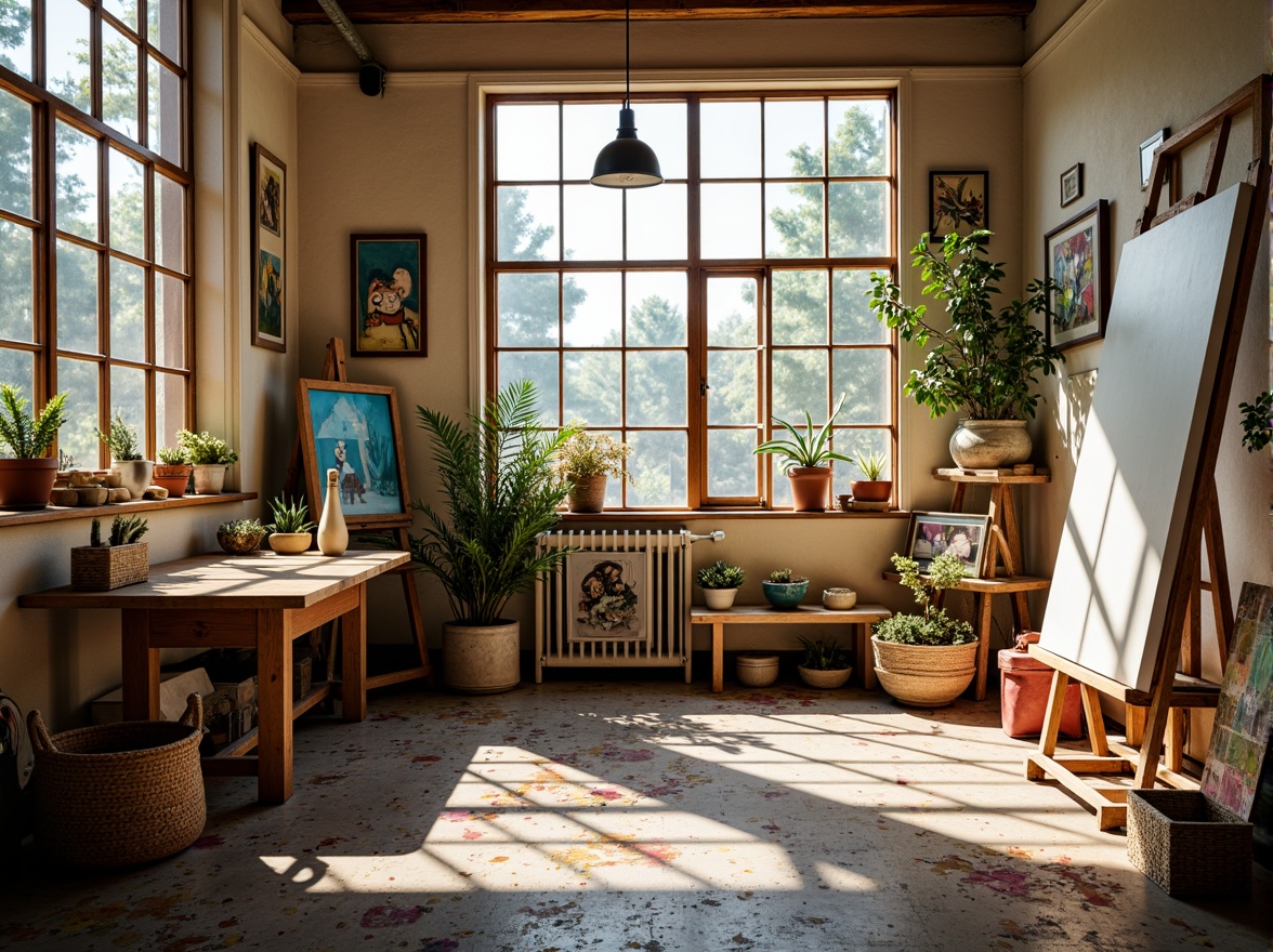 Prompt: Vibrant artistic studio, natural light pouring in, wooden easels, paint-splattered tables, eclectic art pieces, bold color blocks, pastel hues, creamy whites, rich wood tones, textured fabrics, woven baskets, potted greenery, warm atmospheric lighting, soft focus, 1/2 composition, intimate perspective, subtle shadows, realistic brushstrokes.