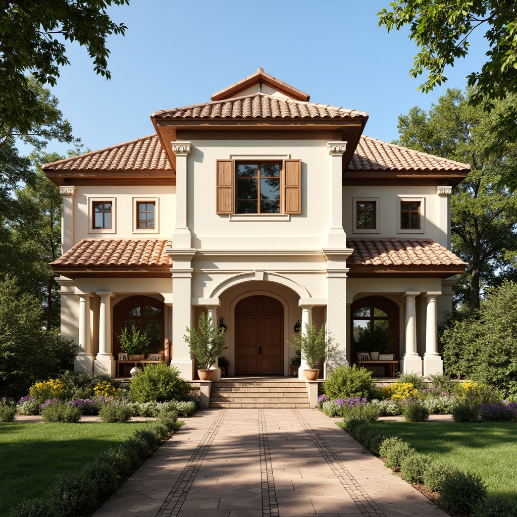 Prompt: Rustic barn, neoclassical facade, symmetrical composition, ornate pilasters, decorative cornices, arched windows, wooden shutters, cream-colored stucco, pitched roof, terra cotta tiles, lush greenery, blooming flowers, sunny day, soft warm lighting, shallow depth of field, 3/4 composition, panoramic view, realistic textures, ambient occlusion.