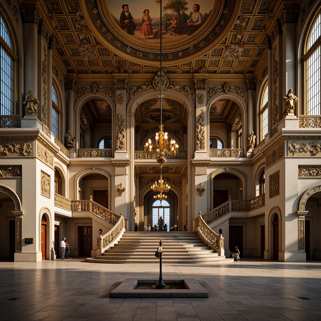 Prompt: Grandiose baroque palace, symmetrical facade, ornate stone carvings, sweeping arches, grand staircase, opulent chandeliers, intricate frescoes, lavish gold decorations, imposing columns, dramatic lighting, low-angle shot, cinematic composition, rich textures, warm color palette, afternoon sun, subtle camera movement.