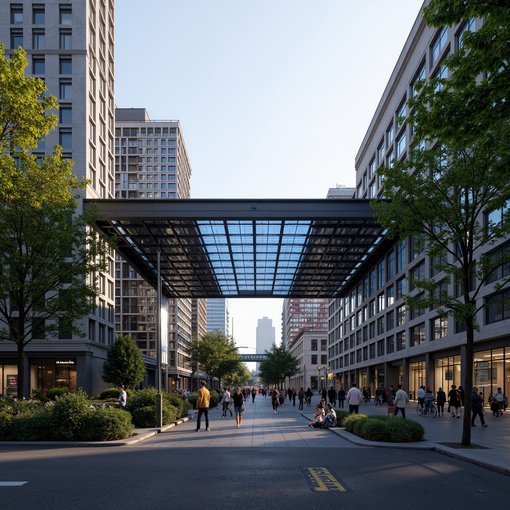 Prompt: Futuristic tram station, curved glass facade, dynamic LED lighting, sleek metal frames, cantilevered roofs, green walls, urban landscaping, bustling city streets, morning rush hour, soft natural light, shallow depth of field, 1/1 composition, symmetrical architecture, modern minimalist design, energy-efficient systems, solar panels, rainwater harvesting systems, recycled materials, futuristic fonts, vibrant color schemes, abstract geometric patterns.