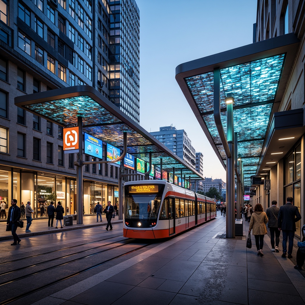 Prompt: Futuristic tram station, dynamic LED light displays, sleek metal frameworks, curved glass canopies, modern minimalistic architecture, bold geometric patterns, vibrant colorful accents, high-tech information screens, real-time passenger tracking systems, efficient air circulation systems, eco-friendly materials, green roofs, solar panels, urban cityscape, bustling streets, morning rush hour atmosphere, soft warm lighting, shallow depth of field, 3/4 composition, panoramic view, realistic textures, ambient occlusion.