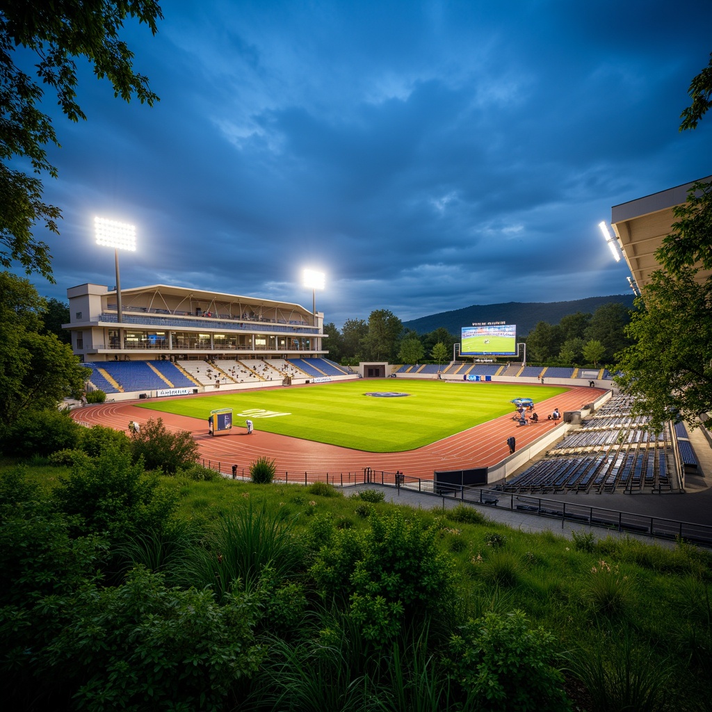 Prompt: Sports stadium, grandstand seating, lush green grass, athletic tracks, scoreboard displays, floodlighting, evening atmosphere, soft warm glow, shallow depth of field, 3/4 composition, panoramic view, realistic textures, ambient occlusion.