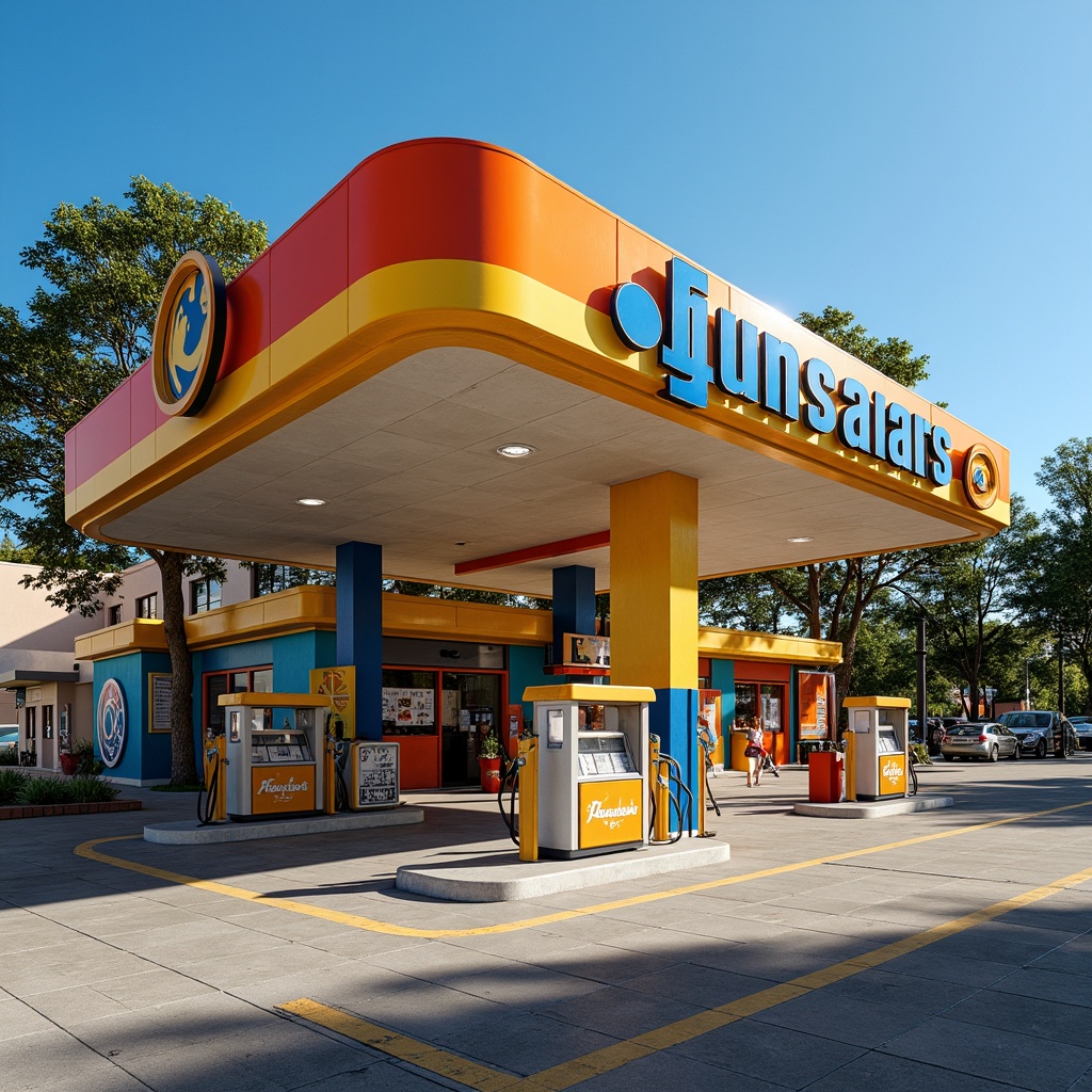 Prompt: Vibrant gas station, primary colors, bold typography, geometric shapes, industrial materials, steel beams, concrete walls, minimalist design, functional architecture, angular lines, circular motifs, dynamic lighting, neon signs, retro-futuristic vibe, urban landscape, sunny day, shallow depth of field, 3/4 composition, panoramic view, realistic textures, ambient occlusion.