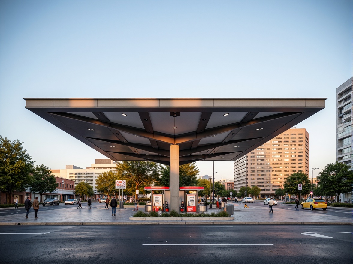 Prompt: Modern gas station, functional layout, minimalist design, angular lines, industrial materials, steel structures, concrete floors, bold color schemes, geometric patterns, user-centric approach, accessible amenities, natural lighting, large windows, cantilevered canopies, futuristic fuel pumps, sleek payment terminals, organized parking spaces, wayfinding signage, efficient traffic flow, urban landscape, morning sunlight, shallow depth of field, 1/1 composition, realistic textures, ambient occlusion.