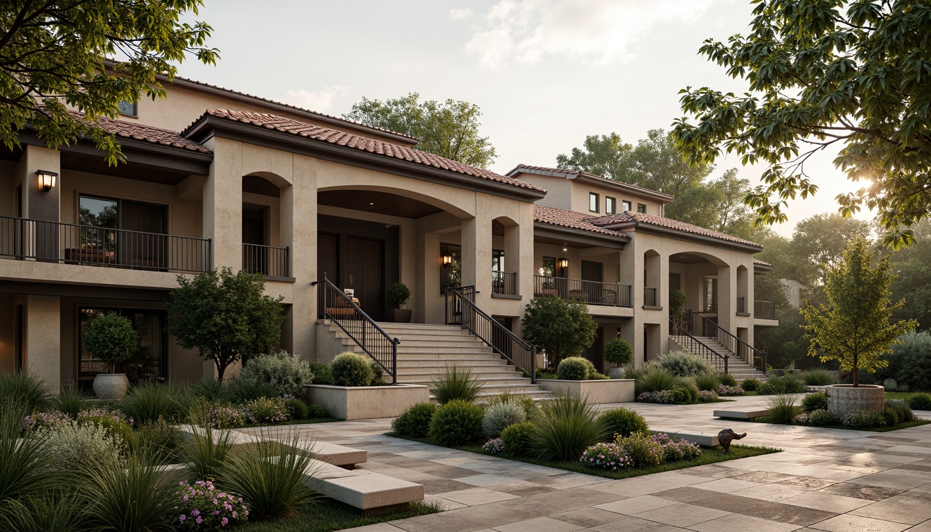 Prompt: Regionalism-style gymnasium building, rustic stone walls, earthy tone roofs, lush greenery, native plants, meandering walkways, natural stone paving, wooden benches, ornate metal railings, vintage-inspired lamp posts, soft warm lighting, misty morning atmosphere, shallow depth of field, 1/2 composition, intimate framing, realistic textures, ambient occlusion.