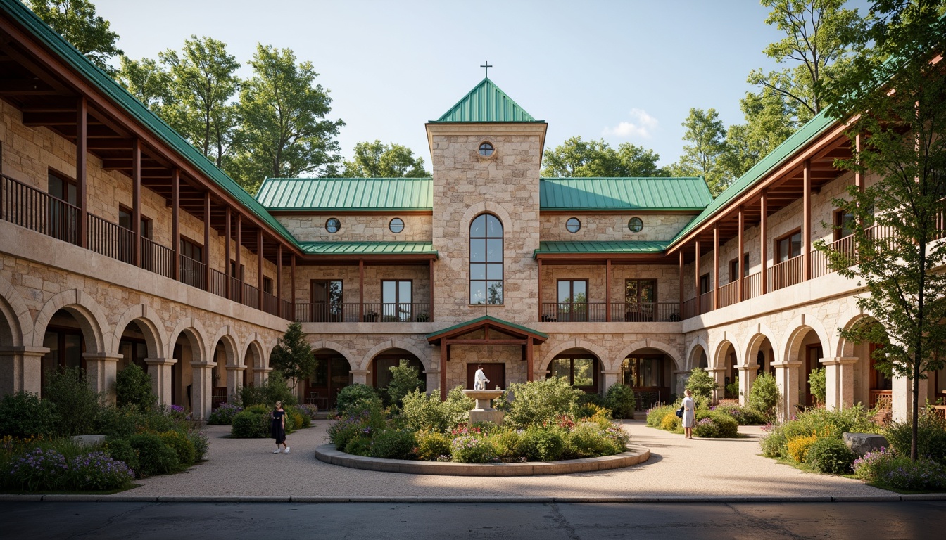 Prompt: Rustic school building, Romanesque style architecture, ornate stone carvings, curved archways, grand entrance halls, vibrant green roofs, solar panels, sustainable energy systems, eco-friendly materials, water conservation systems, clerestory windows, natural ventilation, soft warm lighting, shallow depth of field, 3/4 composition, panoramic view, realistic textures, ambient occlusion.