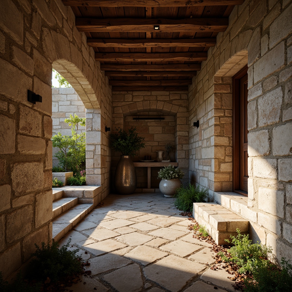 Prompt: Rustic stone walls, rough-hewn wooden beams, weathered metallic accents, organic natural forms, earthy color palette, tactile materiality, inviting ambient lighting, shallow depth of field, 2/3 composition, warm atmospheric perspective, realistic normal maps, subtle specular highlights.