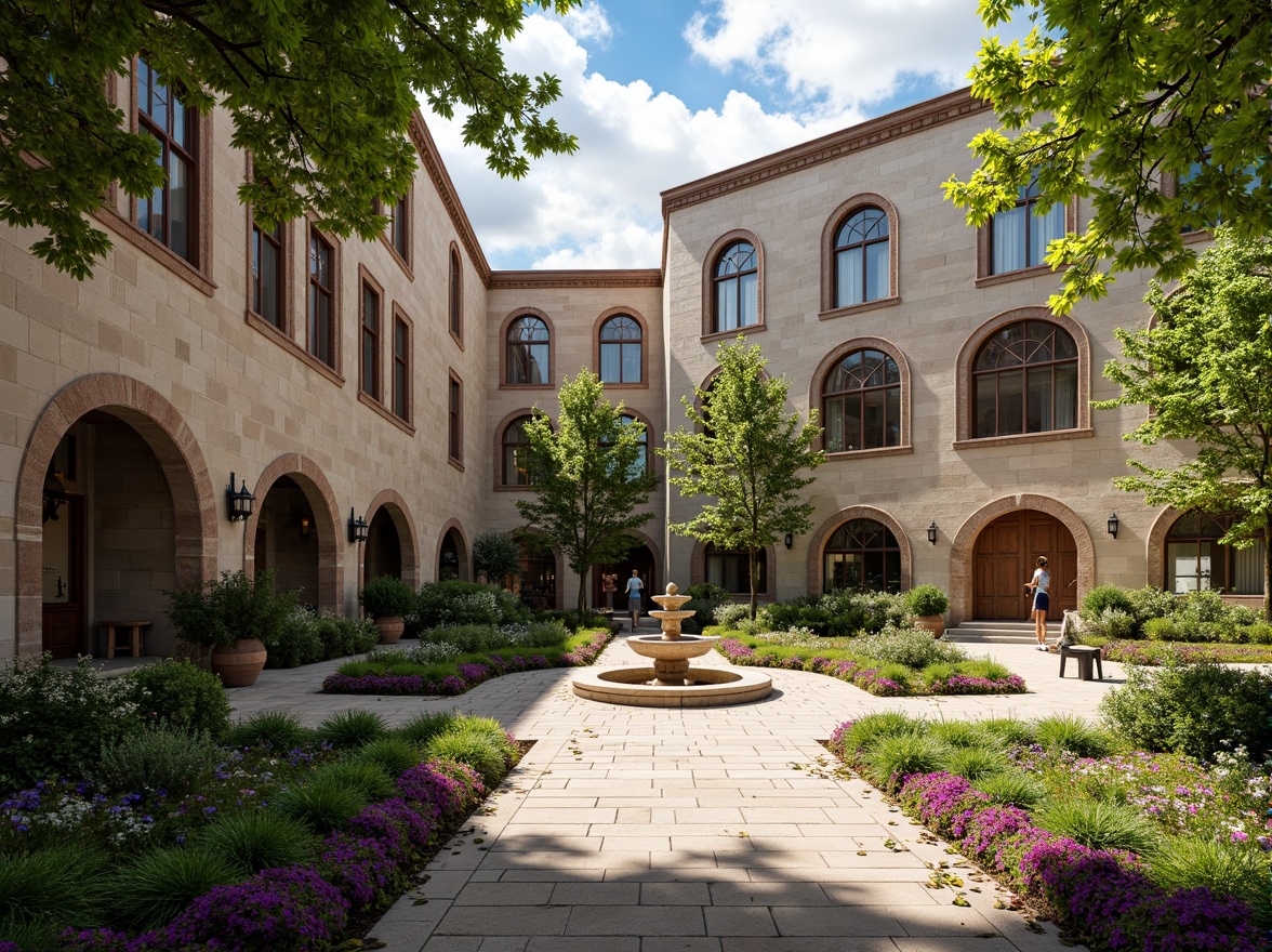 Prompt: Rustic school courtyard, lush greenery, vibrant flowers, meandering stone pathways, ornate fountains, grand entrance archways, Romanesque-style buildings, textured stone walls, stained glass windows, classic lanterns, mature trees, warm sunny day, soft warm lighting, shallow depth of field, 3/4 composition, panoramic view, realistic textures, ambient occlusion.Please let me know if this meets your requirements!