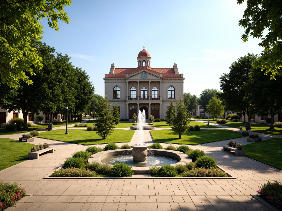 Prompt: Historic courthouse building, manicured lawns, ornate fountains, walking paths, mature trees, seasonal flower beds, vibrant greenery, natural stone pavers, elegant street lamps, classic benches, symmetrical landscaping, formal garden design, sunny day, soft warm lighting, shallow depth of field, 1/2 composition, realistic textures, ambient occlusion.