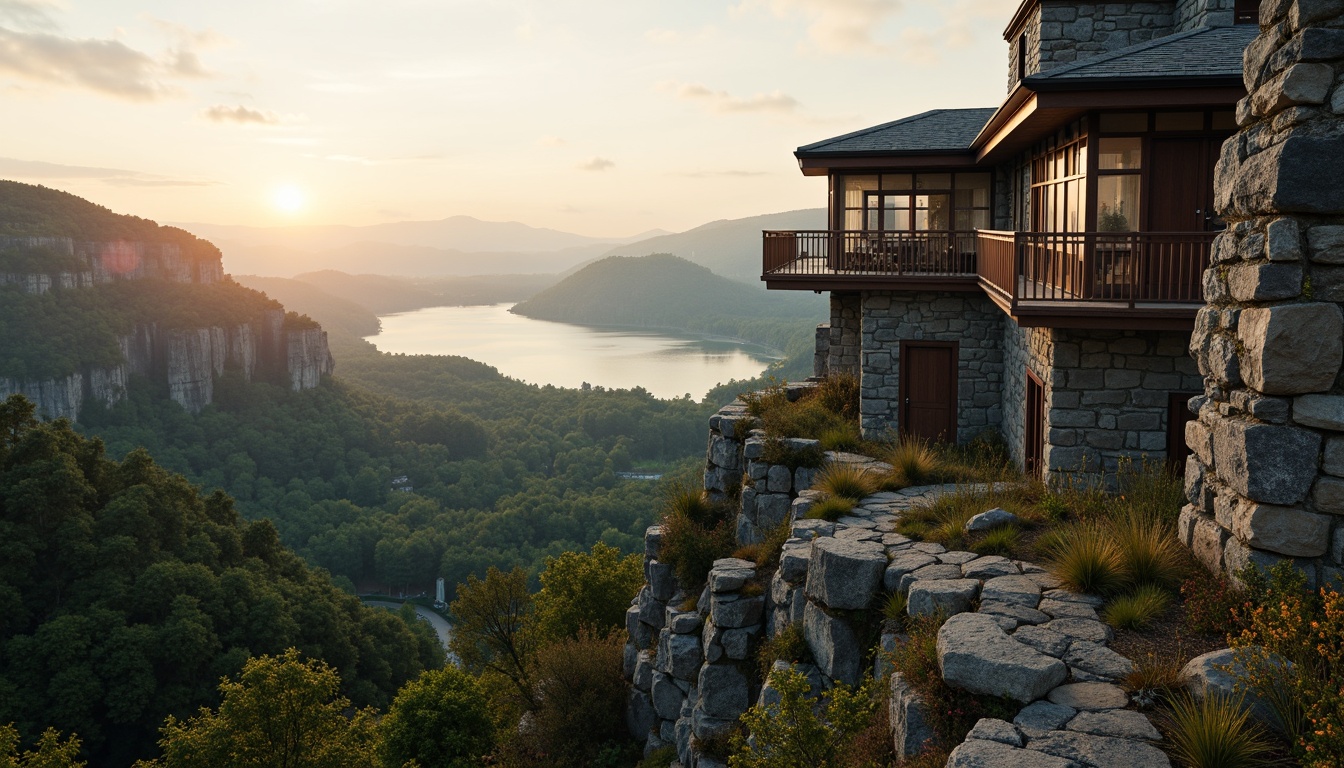 Prompt: Panoramic watchtower, rugged stone walls, wooden observation decks, majestic mountainous surroundings, lush green forests, winding hiking trails, serene lakeside views, misty atmospheric effects, warm sunset lighting, 1/2 composition, realistic rock textures, ambient occlusion, weathered wooden accents, earthy color palette, natural blending with environment.