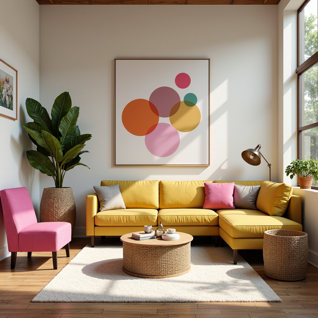 Prompt: Vibrant artistic studio, eclectic furniture, bold color accents, pastel hues, neutral backgrounds, creamy textures, modern minimalist decor, natural light pouring in, airy atmosphere, soft warm lighting, shallow depth of field, 1/1 composition, realistic renderings, ambient occlusion.