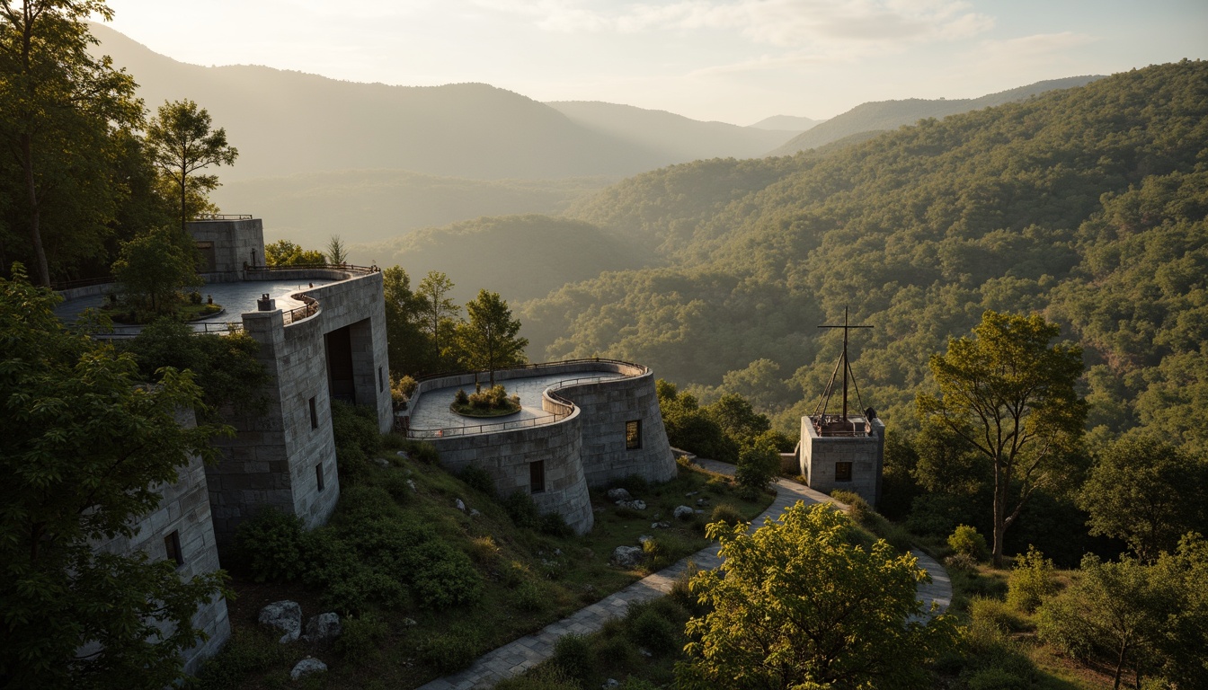 Prompt: Secluded watchtower, rugged natural surroundings, rolling hills, dense forests, winding stone paths, moss-covered walls, wooden observation decks, panoramic views, misty mornings, soft golden lighting, atmospheric perspective, 1/2 composition, cinematic framing, realistic foliage, ambient sound effects.